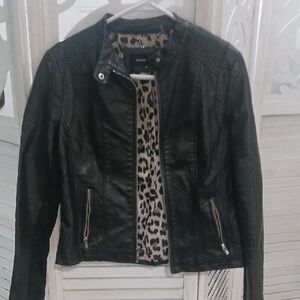 Black Vegan Leather Jacket with Leopard Lining
